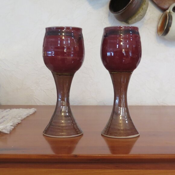 Tall Pottery Wine Goblets, Signed, Scott Frankenberger Artist, Burgundy & Tan - Picture 4 of 9